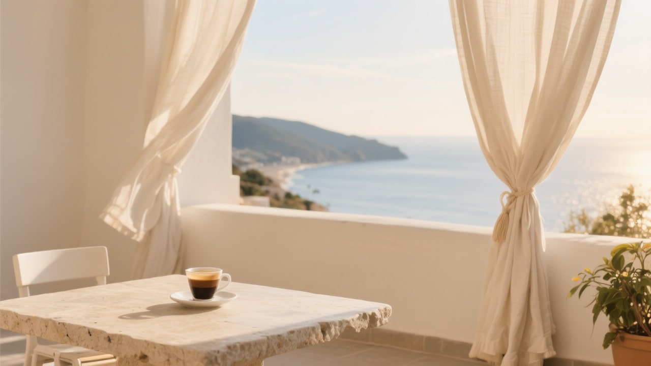Golden terrace with linen curtains